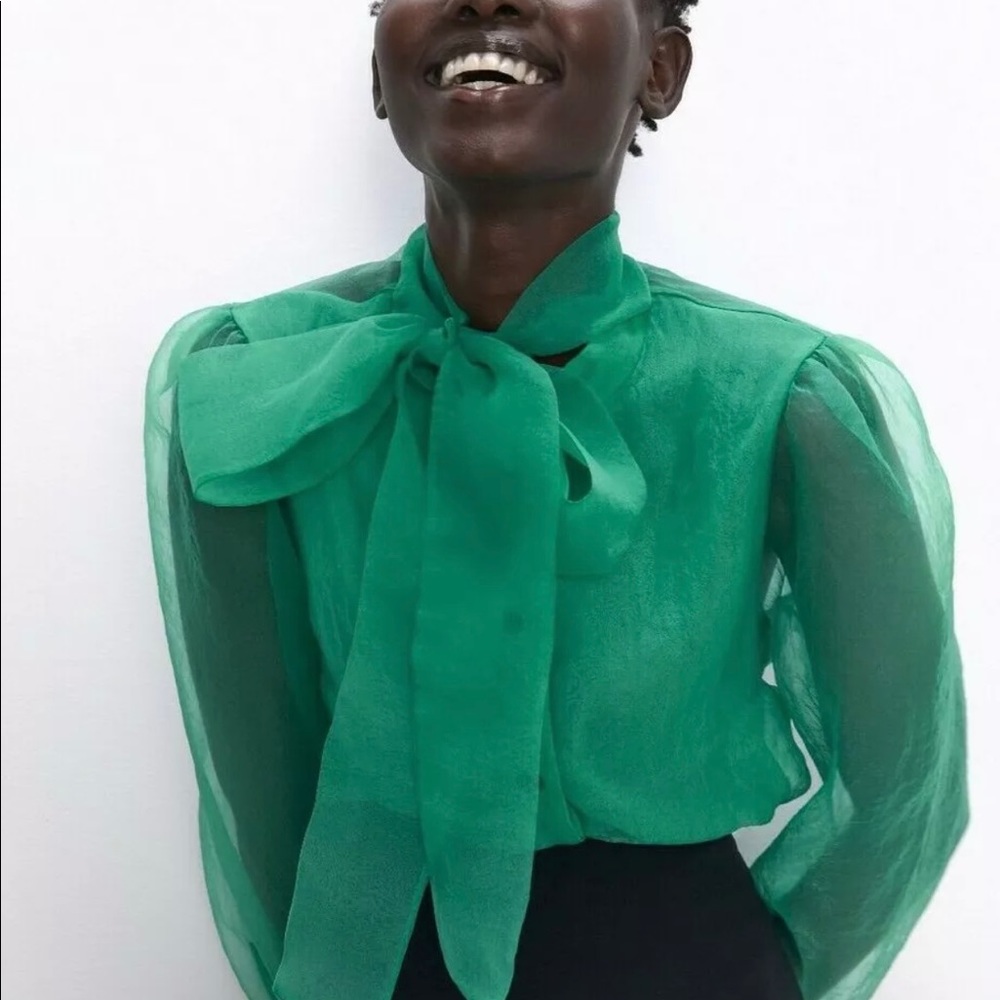Zara Organza Blouse With Bow Detail Green NWT